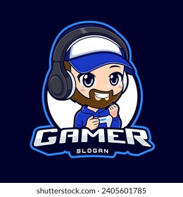 Gaming streamer boy with beard hype expression logo and badge vector