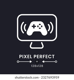 Icono de escritorio sólido blanco de streaming de juegos. Esporta torneos. Transmisión en red. Píxel perfecto 128x128, contorno 4px. Símbolo de silueta para el modo oscuro. Pictograma de glifo. Imagen aislada del vector