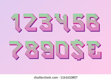 Gaming stylized colored numbers with dollar and euro symbols.