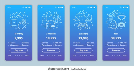 Gaming subscription onboarding mobile app screens with service prices. Walkthrough website pages templates. Pay to play. Virtual reality, gambling. Tariff plans. Smartphone payment web page layout