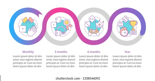 Gaming subscription vector infographic template. Pay to play. Virtual reality, gambling tariff plans. Data visualization with four steps and options. Process timeline chart. Workflow layout with icons