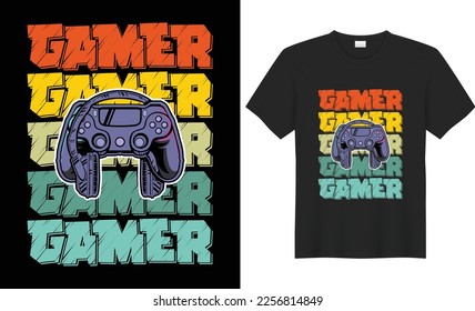 Gaming t shirt design templet.Illustration typography quotes text collection element of glitchy gamepad joysticks controller digital retro gaming vector for trendy stylish tee apparel print boys gift