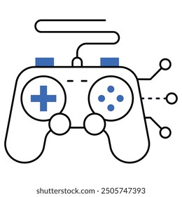 Icono de tecnología de juegos con control y conexiones digitales, ilustrando la innovación de los juegos, la IA en los juegos y el entretenimiento interactivo.