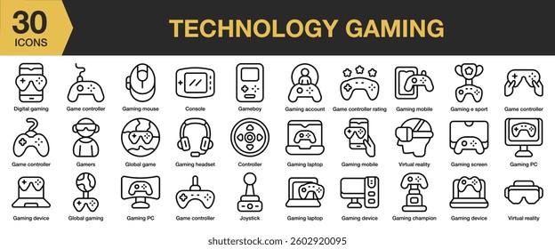 Gaming Technology Icons Collection. Includes headset, console, controller, mouse, computer, and More. icons vector collection.