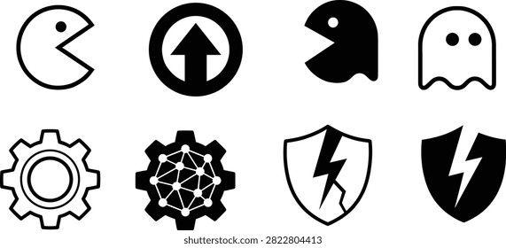 Gaming and technology icons featuring Pac‑Man shapes, ghost figures, gears, and shields with lightning bolts for interface design.eps
