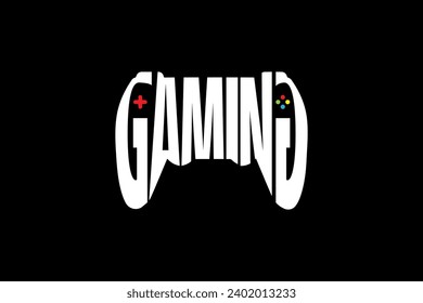 Gaming text vector illustration features stylized elements such as controllers or joysticks. 