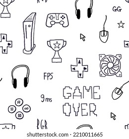 Tema de juegos fondo de garabatos sin fisuras. Patrón de videojuegos vectores. Textura de juego sin problemas.