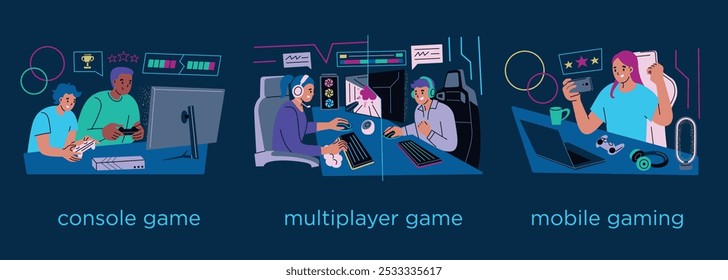 Juegos de Ilustración vectorial Video temáticos, consola, multijugador y juegos móviles. Estilo de dibujos animados, diseño plano, iconos de tecnología moderna, jugadores con controladores, auriculares y dispositivos de entretenimiento