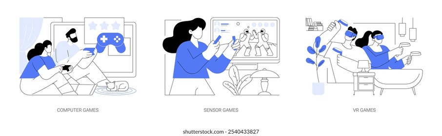 Juego de tiempo de Ilustraciones vectoriales de dibujos animados aislados. Juego de ordenador del juego de la pareja feliz, sosteniendo el joystick, regulador del sensor de movimiento, simulador de la realidad virtual, llevando la historieta del Vector de las gafas de VR.