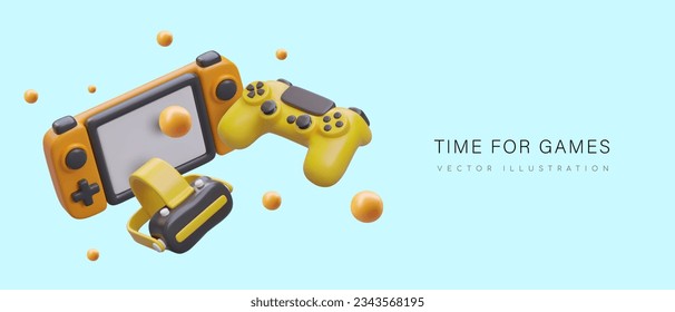 Tiempo de juego. Descansando con gamepad. Juegos modernos de ordenador y accesorios para ellos. Concepto para la tienda de gadgets. Plantilla sobre fondo azul, objetos 3D flotantes