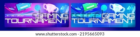 Gaming tournament banners with computer and trophy cup in neon colors. Vector posters of cyber games competition, professional esport championship with cartoon illustration