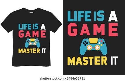 A gaming t-shirt design showcases bold graphics, game symbols, and vibrant colors, celebrating favorite games and characters for passionate gamers.