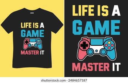 A gaming t-shirt design showcases bold graphics, game symbols, and vibrant colors, celebrating favorite games and characters for passionate gamers.