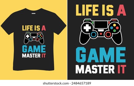 A gaming t-shirt design showcases bold graphics, game symbols, and vibrant colors, celebrating favorite games and characters for passionate gamers.