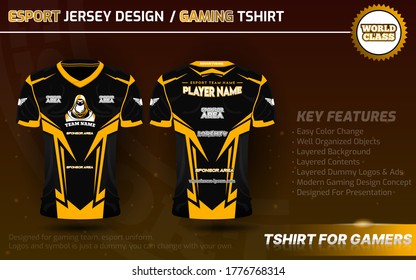 Gaming Tshirt or Esport Jersey Uniform Designs Template with Clean and Modern concept, Yellow, white and black Color. Short Sleeve, Well Presented for gaming team