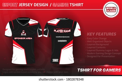 Gaming Tshirt or Esport Jersey Uniform Designs Template with Clean and Modern concept, red, black and white color. Short Sleeve, Well Presented for gaming team