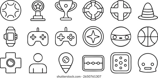 gaming UI and esports icon set, 30 editable black outline symbols, controller, trophy, play interface in clean vector layout