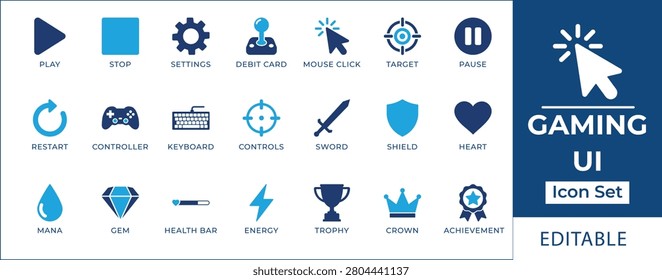 Gaming UI icon set featuring controller gamepad, joystick, crosshair target, player health life bar, energy mana, weapon sword, shield defense, and achievement trophy symbols.