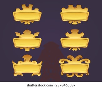 Gaming user interface design with gold frame. Set of golden buttons or header. Royal style vintage decorative frame template. Golden crown, kraken, octopus, vignette. Isolated set, vector cartoon.