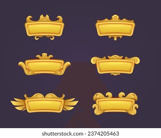 Gaming-Benutzeroberflächen-Design mit goldenen Rahmen. Goldene Vektorgrafik-Rahmen. Set von Schaltflächen oder Kopfzeilen. Antike geometrische Formen und Flügel. Dekorative Rahmenvorlage, Vintage-antikes Design. 