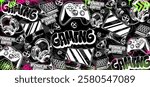 Gaming vector background illustrations. Retro video game graphic icon elements in graffiti style