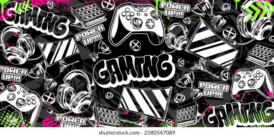 Gaming vector background illustrations. Retro video game graphic icon elements in graffiti style