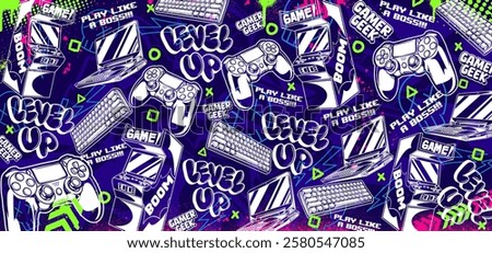 Gaming vector background illustrations. Retro video game graphic icon elements in graffiti style