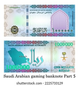 Gaming vector banknotes. In Persian, the inscriptions mean the Kingdom of Saudi Arabia on top, the pictogram from the flag on the bottom and the denomination of 1 000 000 riyals on the right. Part 5