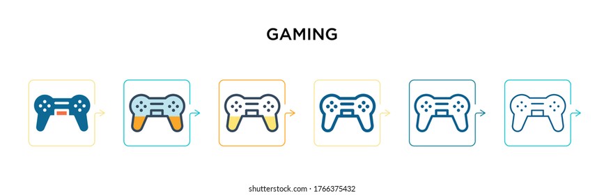 Gaming vector icon in 6 different modern styles. Black, two colored gaming icons designed in filled, outline, line and stroke style. Vector illustration can be used for web, mobile, ui