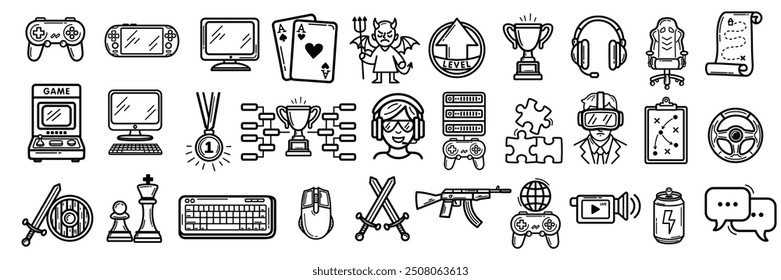 Gaming Vector Icon Collection. Video games icon. A set of outline icons related to Gaming, Gadget, Technology, Game genres, Game, Console, player, Multiplayer and more. Vector illustration