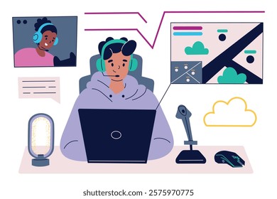 Gaming vector illustration, gamer wearing headset with microphone, working on laptop, playing online games, streaming video. Flat cartoon design for technology, entertainment, esports themes