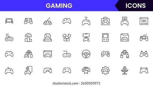 Coleção de ícones da linha da Web do vetor de jogos, ilustrações elegantes de controladores, headsets, consoles, realidade virtual para designs imersivos e dinâmicos.