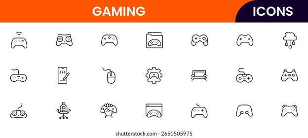Coleção de ícones da linha da Web do vetor de jogos, ilustrações elegantes de controladores, headsets, consoles, realidade virtual para designs imersivos e dinâmicos.