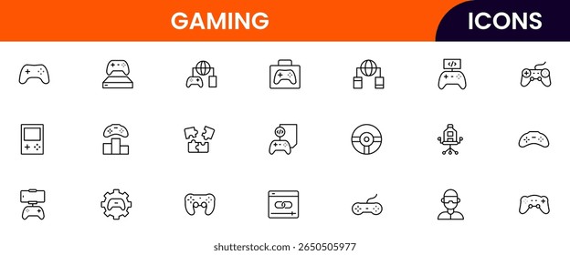 Coleção de ícones da linha da Web do vetor de jogos, ilustrações elegantes de controladores, headsets, consoles, realidade virtual para designs imersivos e dinâmicos.