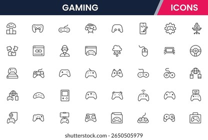 Coleção de ícones da linha da Web do vetor de jogos, ilustrações elegantes de controladores, headsets, consoles, realidade virtual para designs imersivos e dinâmicos.