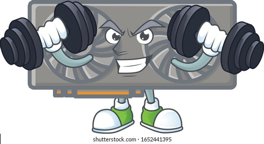 Gaming VGA card mascot icon on fitness exercise trying barbells
