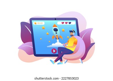 Gaming violet gradient concept with people scene in the flat cartoon design. Boy plays computer games on a large tablet. Vector illustration.