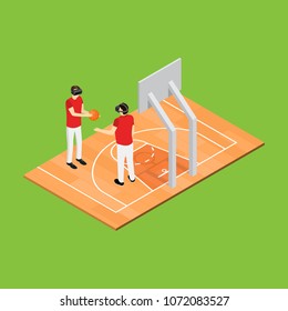 Gaming Vr Concept Isometric View Basketball Sport Game Competition. Vector illustration of People Play Virtual Reality