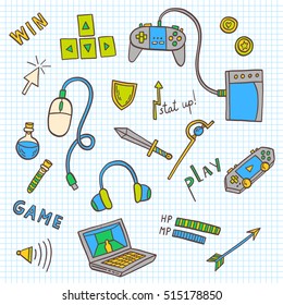 Gaming and web technology icon collection. Vector doodle illustration with game devices