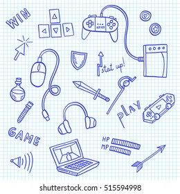 Gaming and web technology icon collection. Vector doodle illustration with game devices