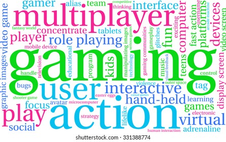 Gaming word cloud on a white background. 