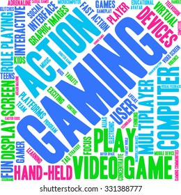 Gaming word cloud on a white background. 