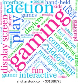 Gaming word cloud on a white background. 