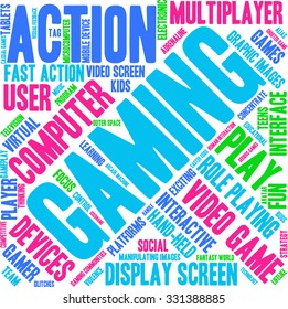 Gaming word cloud on a white background. 