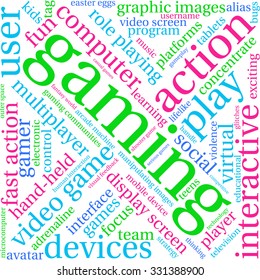 Gaming word cloud on a white background. 