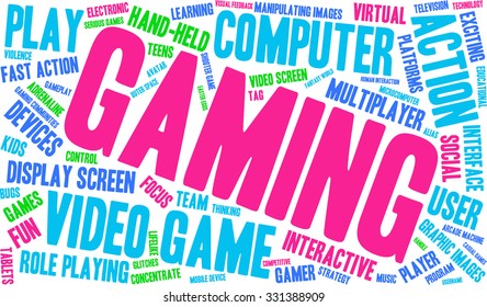 Gaming word cloud on a white background. 
