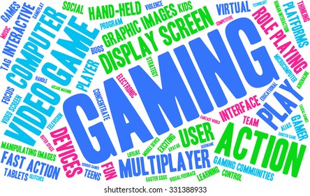 Gaming word cloud on a white background. 
