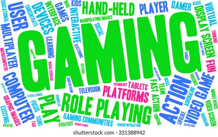 Gaming word cloud on a white background. 