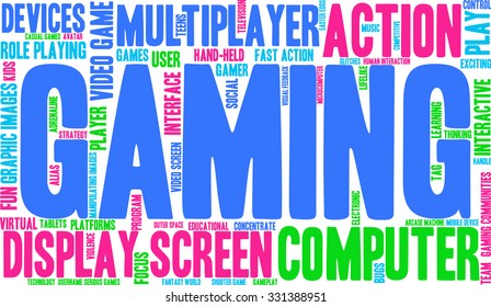 Gaming word cloud on a white background. 