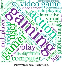Gaming word cloud on a white background. 